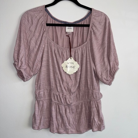 Knox Rose Tops - Knox Rose Mauve Textured Smocked Peplum Blouse Square Neck Balloon Sleeve Large